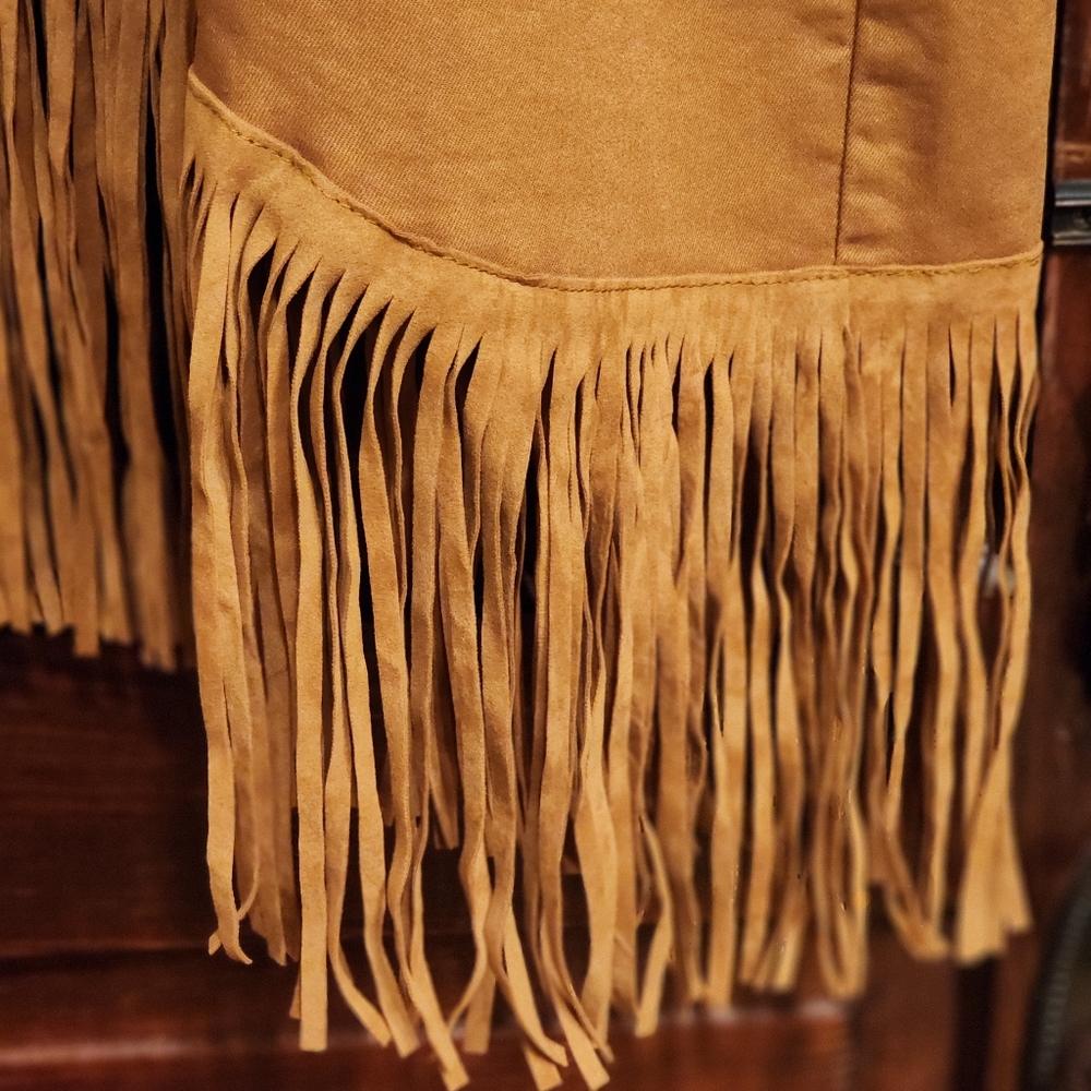 Fringe Hem Denim Midi Skirt Plus Size Tan Western Coastal Cowgirl NWT - Picture 5 of 11